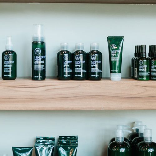 hair care products on shelf in salon