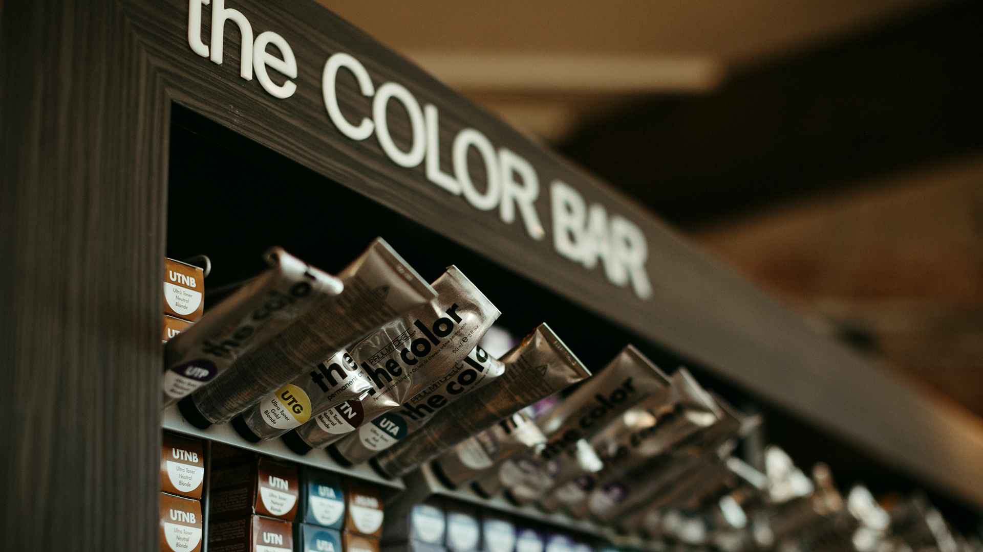 color bar with tubes of hair color